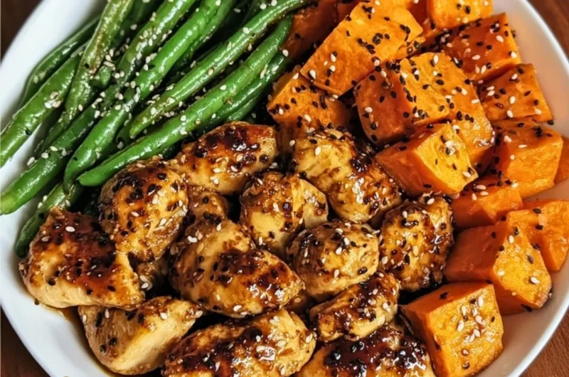 Honey garlic chicken served with sweet potatoes on a plate