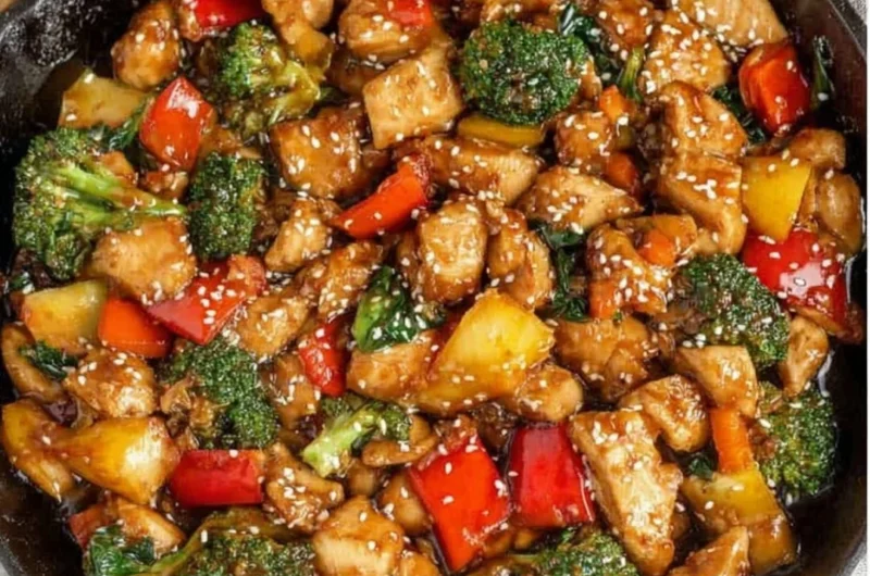 Easy chicken stir fry with colorful vegetables in a pan