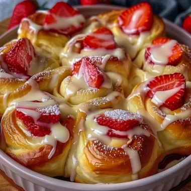 Easy strawberry cheesecake sweet rolls topped with fresh strawberries and cream cheese