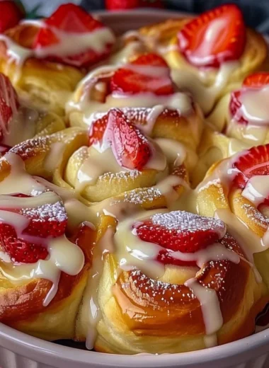Easy strawberry cheesecake sweet rolls topped with fresh strawberries and cream cheese