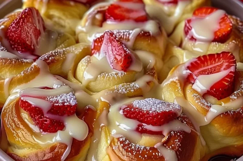 Easy strawberry cheesecake sweet rolls topped with fresh strawberries and cream cheese