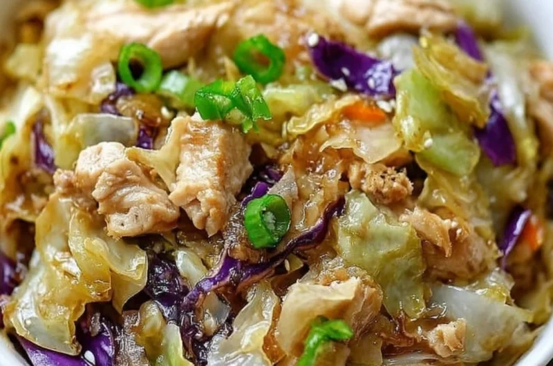 A colorful egg roll bowl featuring chicken, cabbage, and fresh vegetables.