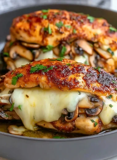 Sliced mushroom stuffed chicken breast garnished with herbs