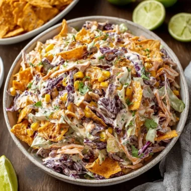 A colorful bowl of Frito Cowboy Cabbage Salad with vibrant ingredients.