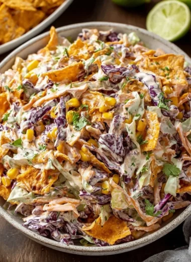 A colorful bowl of Frito Cowboy Cabbage Salad with vibrant ingredients.