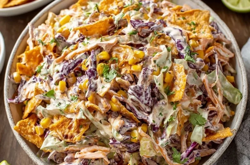 A colorful bowl of Frito Cowboy Cabbage Salad with vibrant ingredients.