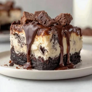 Delicious frozen Brownie Ice Cream Cake with layers of brownies and ice cream.