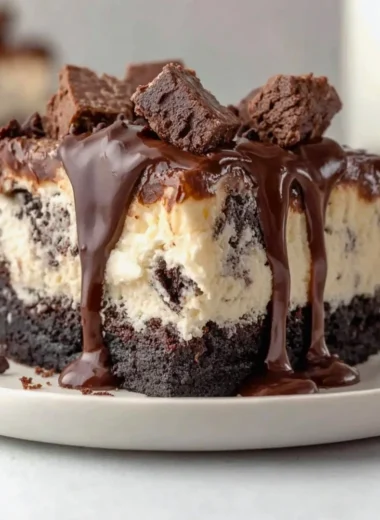 Delicious frozen Brownie Ice Cream Cake with layers of brownies and ice cream.
