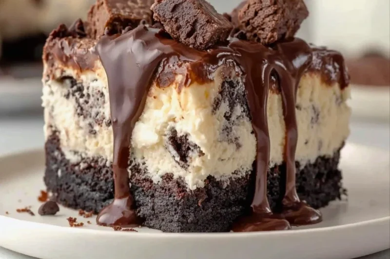Delicious frozen Brownie Ice Cream Cake with layers of brownies and ice cream.