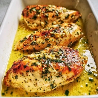 Juicy garlic butter baked chicken breast on a plate garnished with herbs