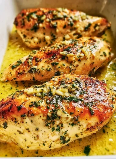 Juicy garlic butter baked chicken breast on a plate garnished with herbs