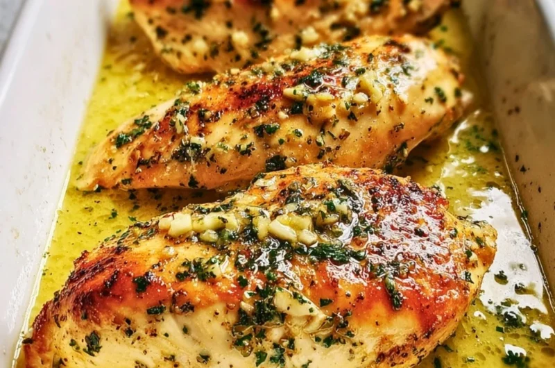 Juicy garlic butter baked chicken breast on a plate garnished with herbs