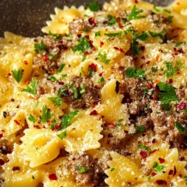 Delicious garlic butter bowtie pasta with tender beef in a creamy sauce