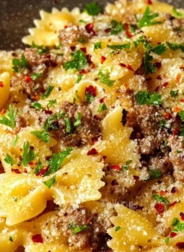 Delicious garlic butter bowtie pasta with tender beef in a creamy sauce