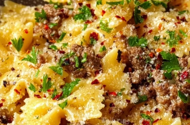 Delicious garlic butter bowtie pasta with tender beef in a creamy sauce