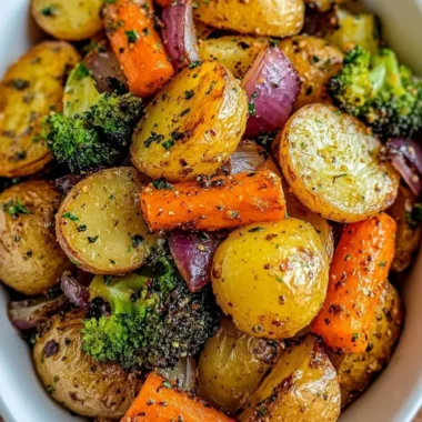 Plate of garlic herb roasted potatoes and mixed veggies ready to serve.