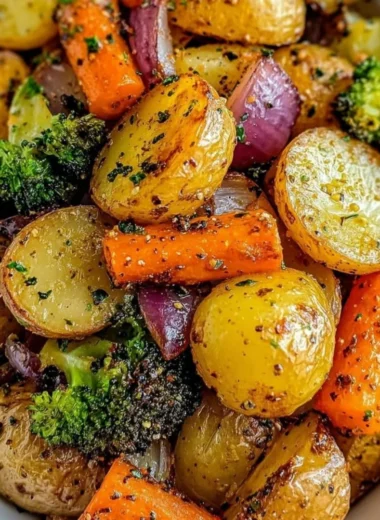 Plate of garlic herb roasted potatoes and mixed veggies ready to serve.