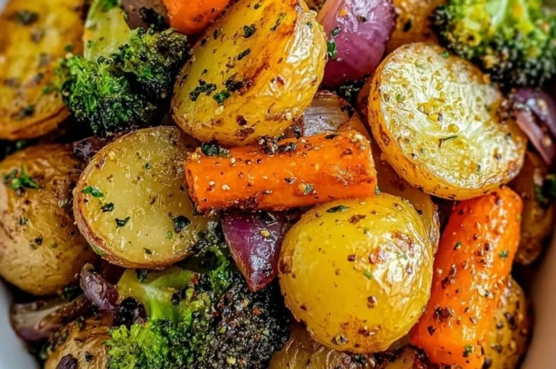 Plate of garlic herb roasted potatoes and mixed veggies ready to serve.