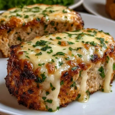 Garlic Parmesan Chicken Meatloaf served on a plate with herbs.