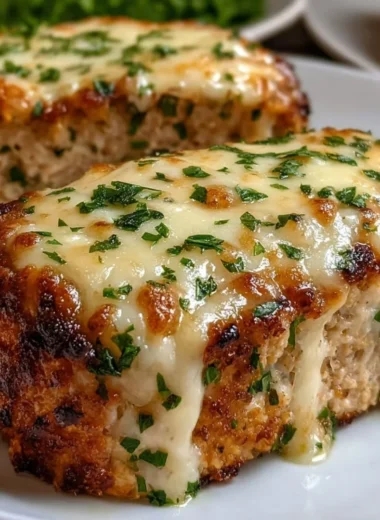 Garlic Parmesan Chicken Meatloaf served on a plate with herbs.