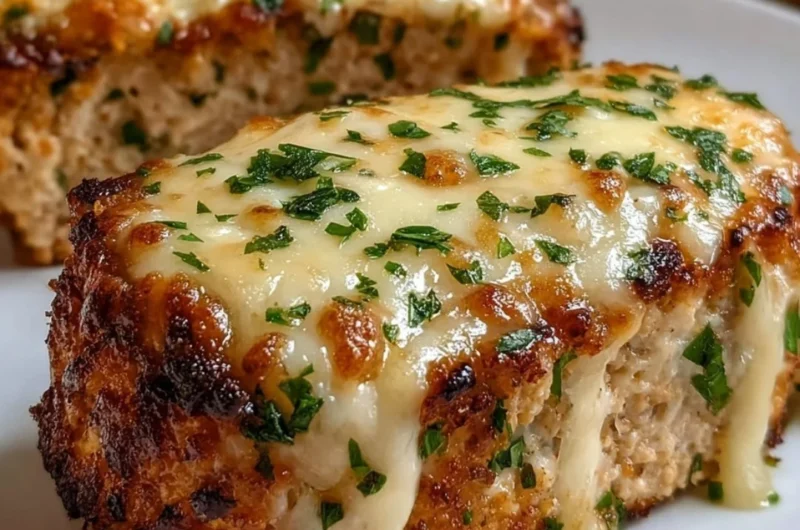 Garlic Parmesan Chicken Meatloaf served on a plate with herbs.