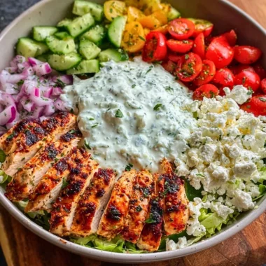Delicious Greek Chicken Bowl with fresh vegetables and herbs