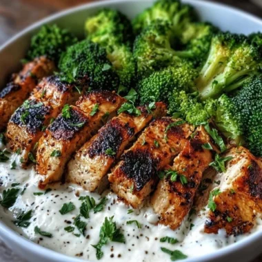 Grilled chicken and broccoli bowl drizzled with creamy garlic sauce