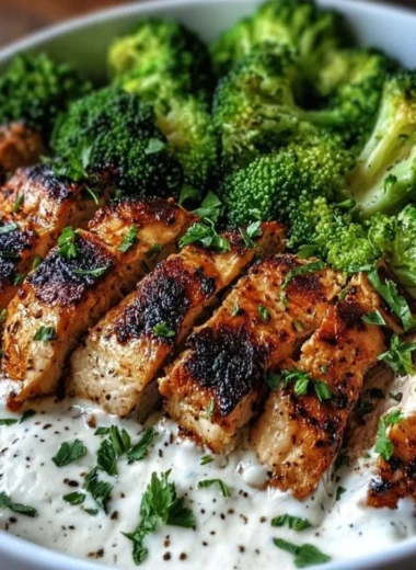 Grilled chicken and broccoli bowl drizzled with creamy garlic sauce