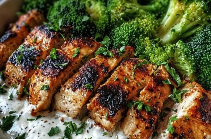 Grilled chicken and broccoli bowl drizzled with creamy garlic sauce