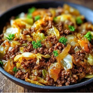 Delicious ground beef and cabbage skillet dish served in a pan