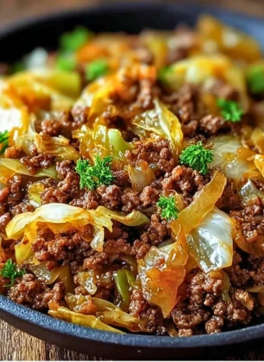 Delicious ground beef and cabbage skillet dish served in a pan