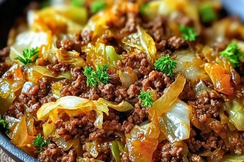 Delicious ground beef and cabbage skillet dish served in a pan