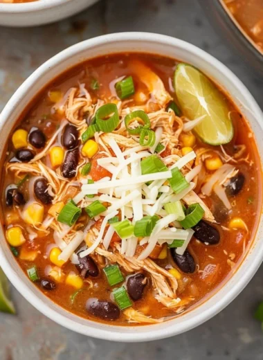 High protein chicken taco soup in a bowl garnished with avocado and cilantro