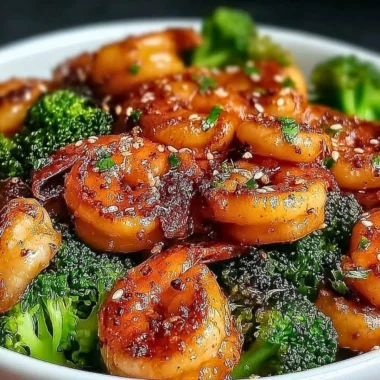 High-protein honey garlic shrimp dish served on a plate with garnish