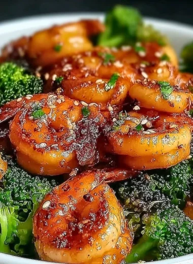 High-protein honey garlic shrimp dish served on a plate with garnish