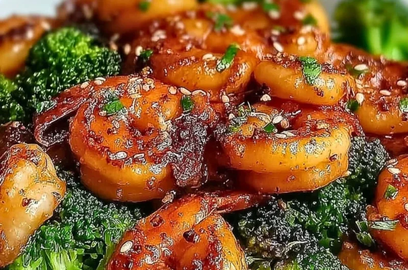 High-protein honey garlic shrimp dish served on a plate with garnish