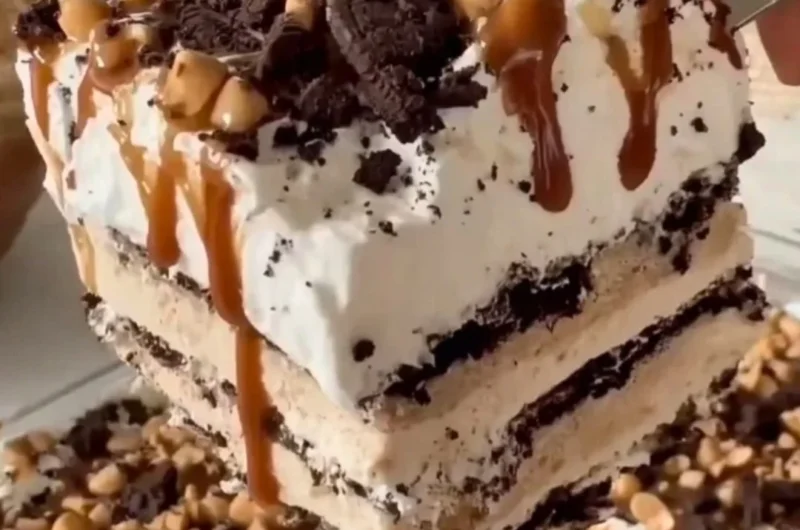 A delicious homemade ice cream cake topped with chocolate and berries