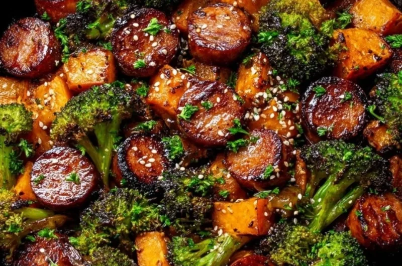 Honey garlic sausage with sweet potatoes on a sheet pan for a flavorful dinner