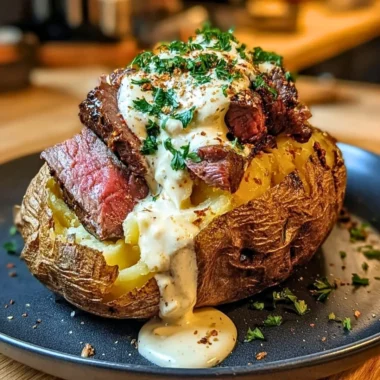 Delicious loaded steak potatoes topped with savory cream sauce