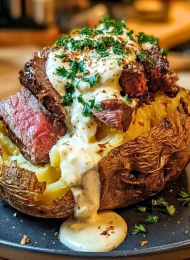 Delicious loaded steak potatoes topped with savory cream sauce