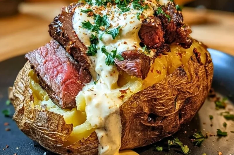 Delicious loaded steak potatoes topped with savory cream sauce
