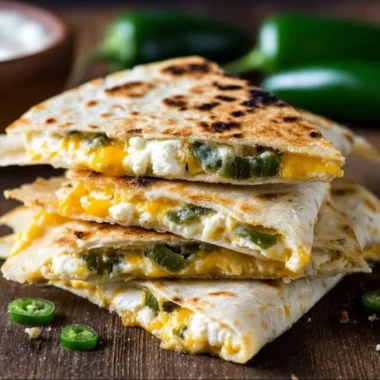 Jalapeno popper quesadillas with melted cheese and jalapenos served on a plate