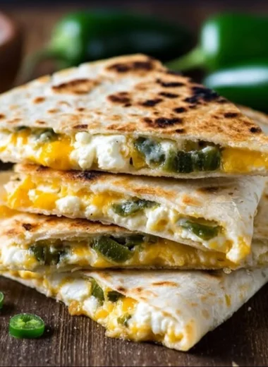 Jalapeno popper quesadillas with melted cheese and jalapenos served on a plate