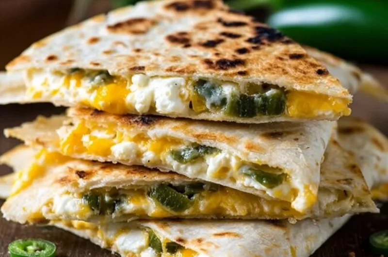 Jalapeno popper quesadillas with melted cheese and jalapenos served on a plate