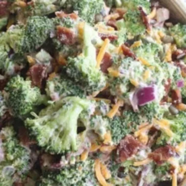 Delicious Keto Broccoli Salad with cheese and bacon in a bowl