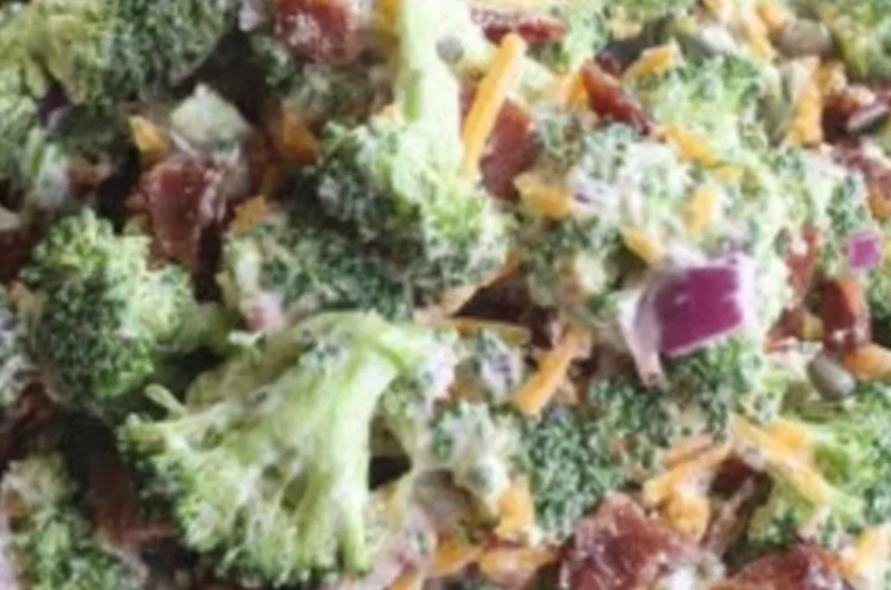 Delicious Keto Broccoli Salad with cheese and bacon in a bowl