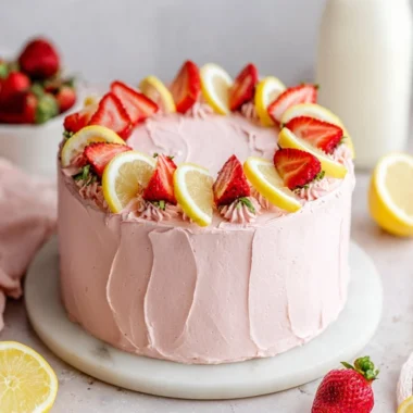 Lemon Strawberry Cake with fresh strawberries and lemon zest on a plate