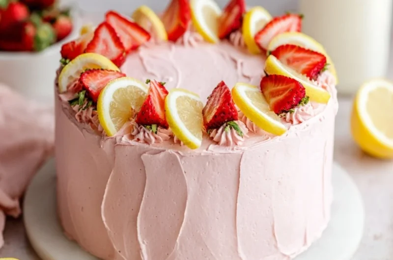 Lemon Strawberry Cake with fresh strawberries and lemon zest on a plate