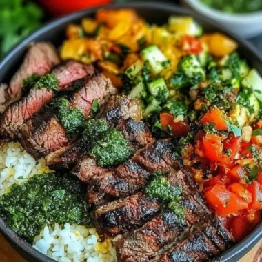 Mediterranean steak bowl with fresh vegetables and herbs