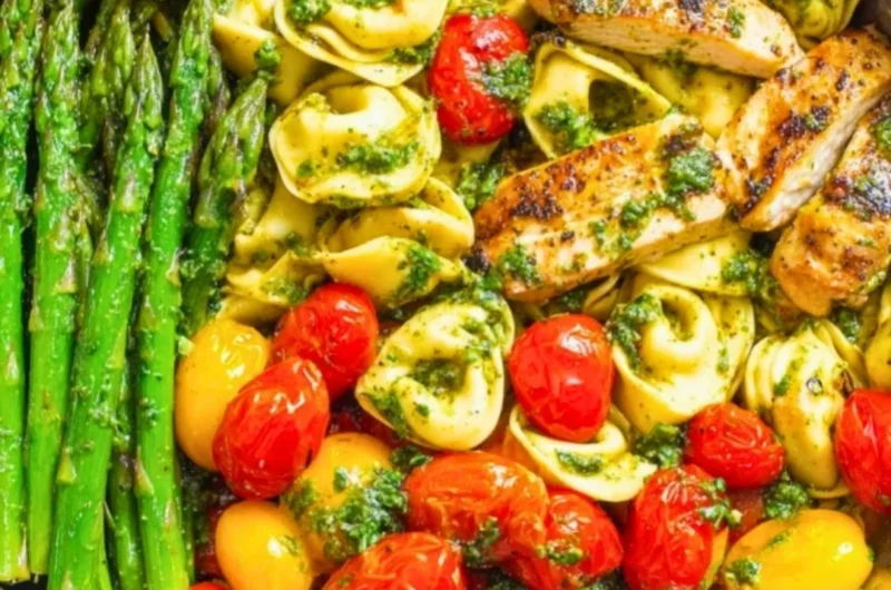 One-Pan Pesto Chicken with tortellini and mixed veggies for a healthy dinner